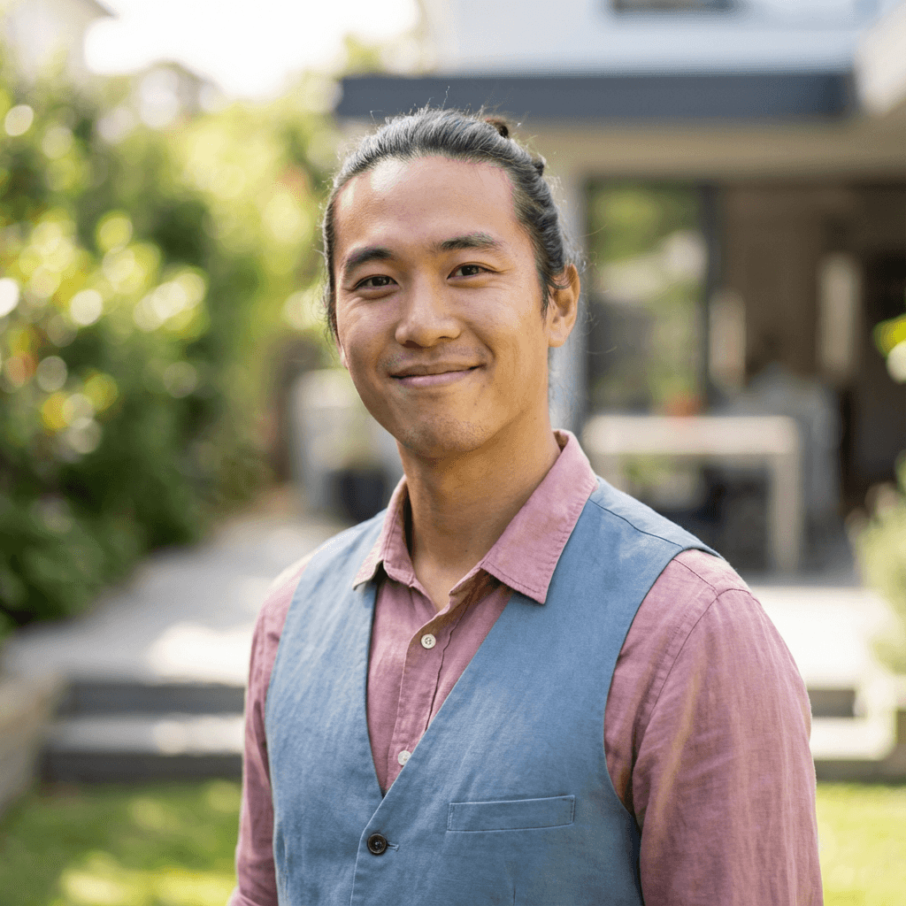 Marcus Chen standing by a spa pool on a deck